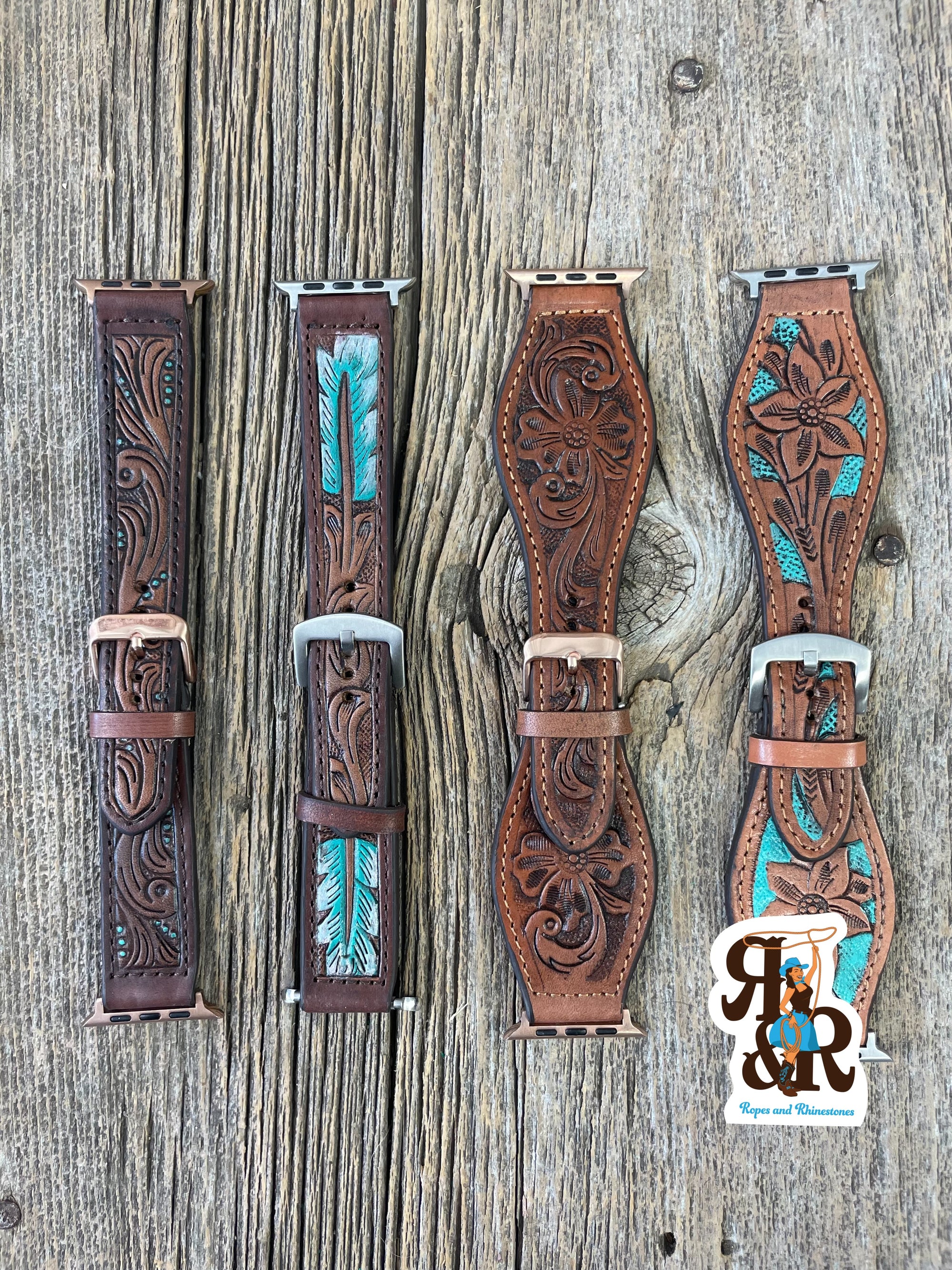 Tooled Leather Apple Watch Band Feather