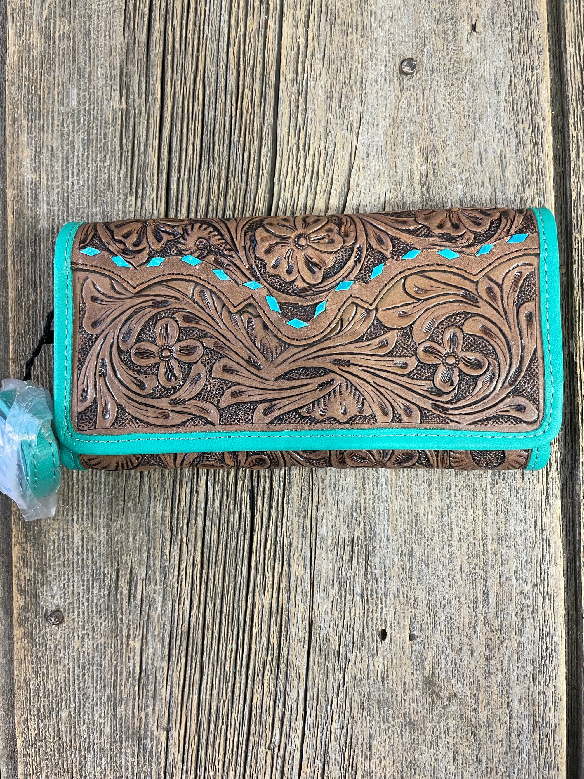 Tooled Leather Turquoise Tri Fold Wallet
