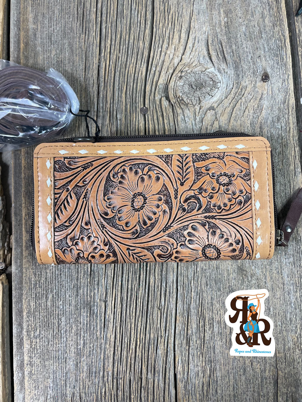 Tooled Leather Double Zip Wallet