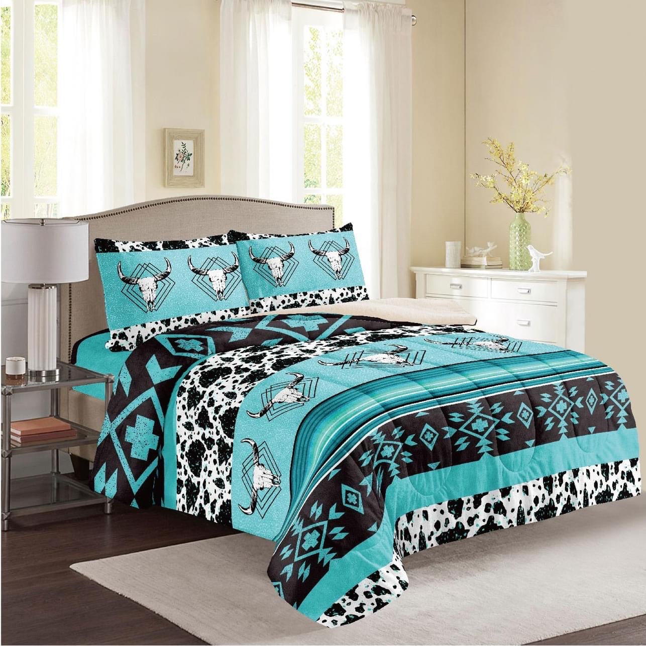 Cow Skull Turquoise Sherpa Comforter Set