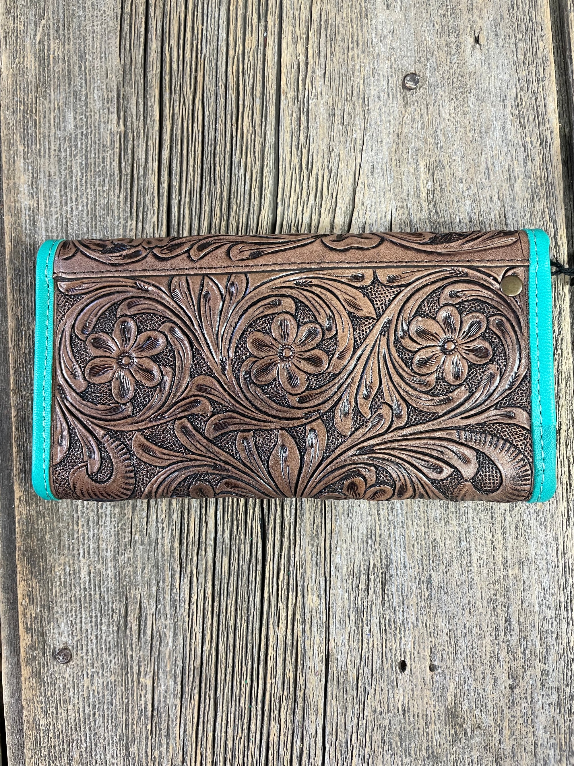 Tooled Leather Turquoise Tri Fold Wallet