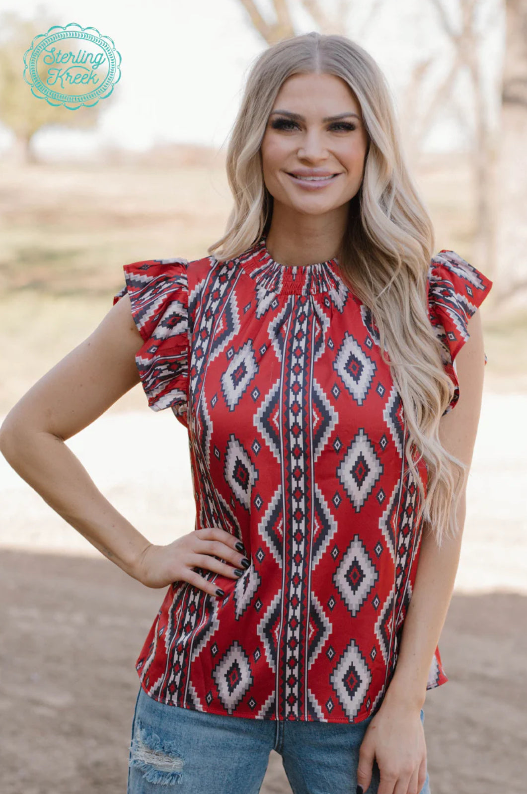 Baby Doll Top Red Aztec