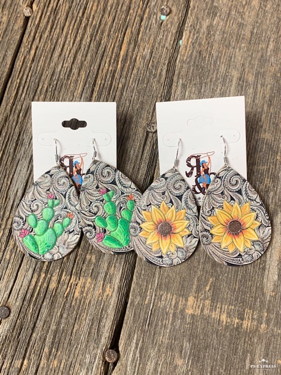 Tooled Leather & Cactus Earrings