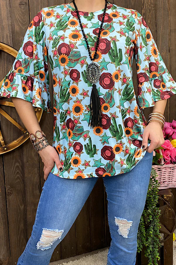Western Floral Printed Blouse w/ Ruffle Short Sleeves
