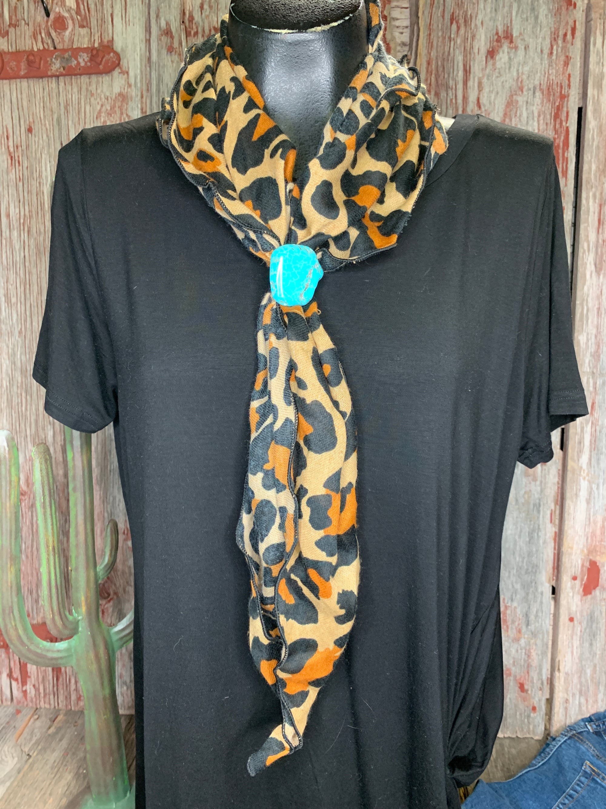 Leopard Scarf with Turquoise Slide