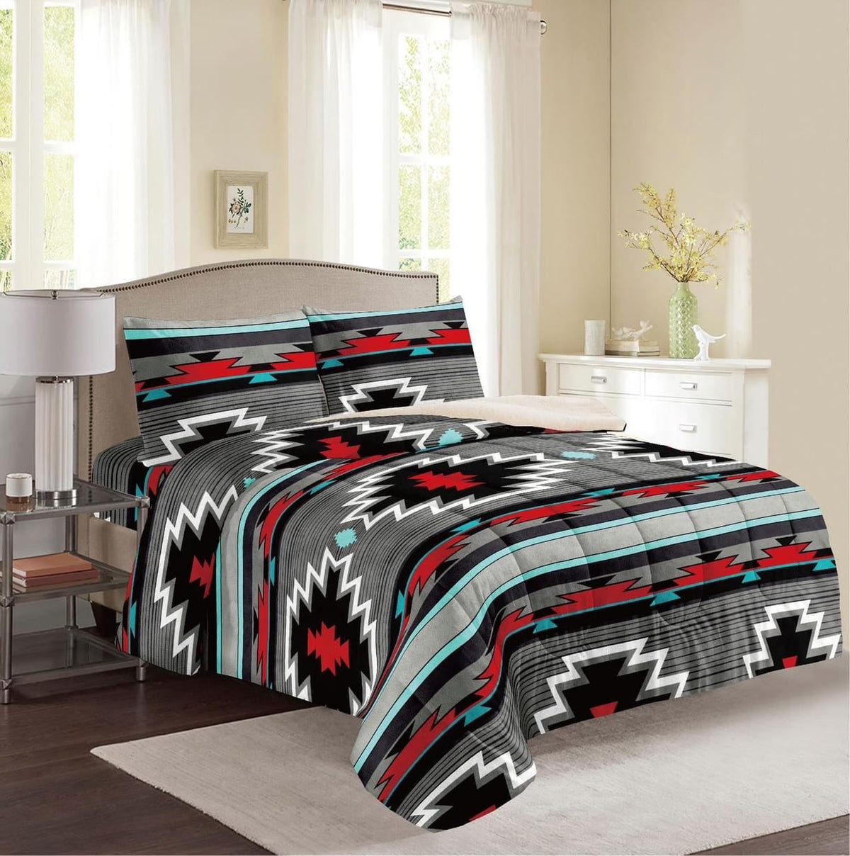 Black, Grey &amp; Red Aztec Sherpa Comforter Set