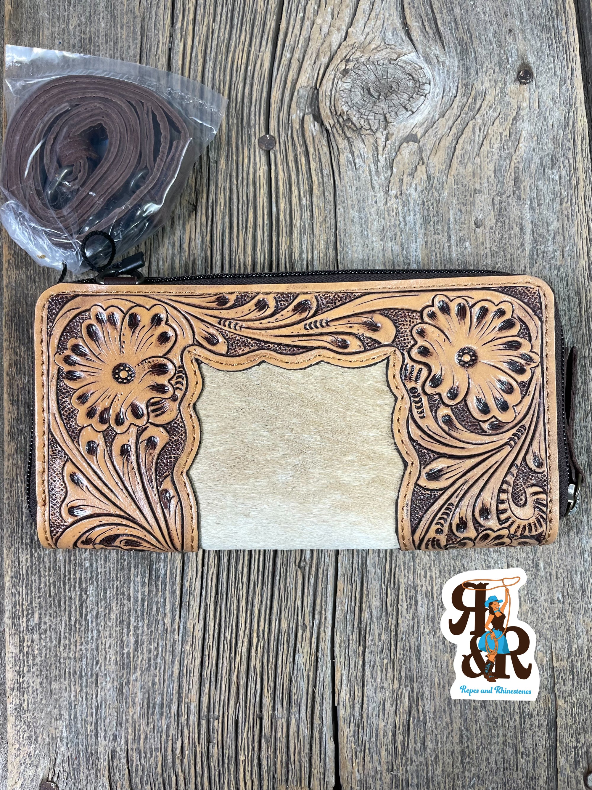 Tooled Leather & Cowhide Double Zip Wallet