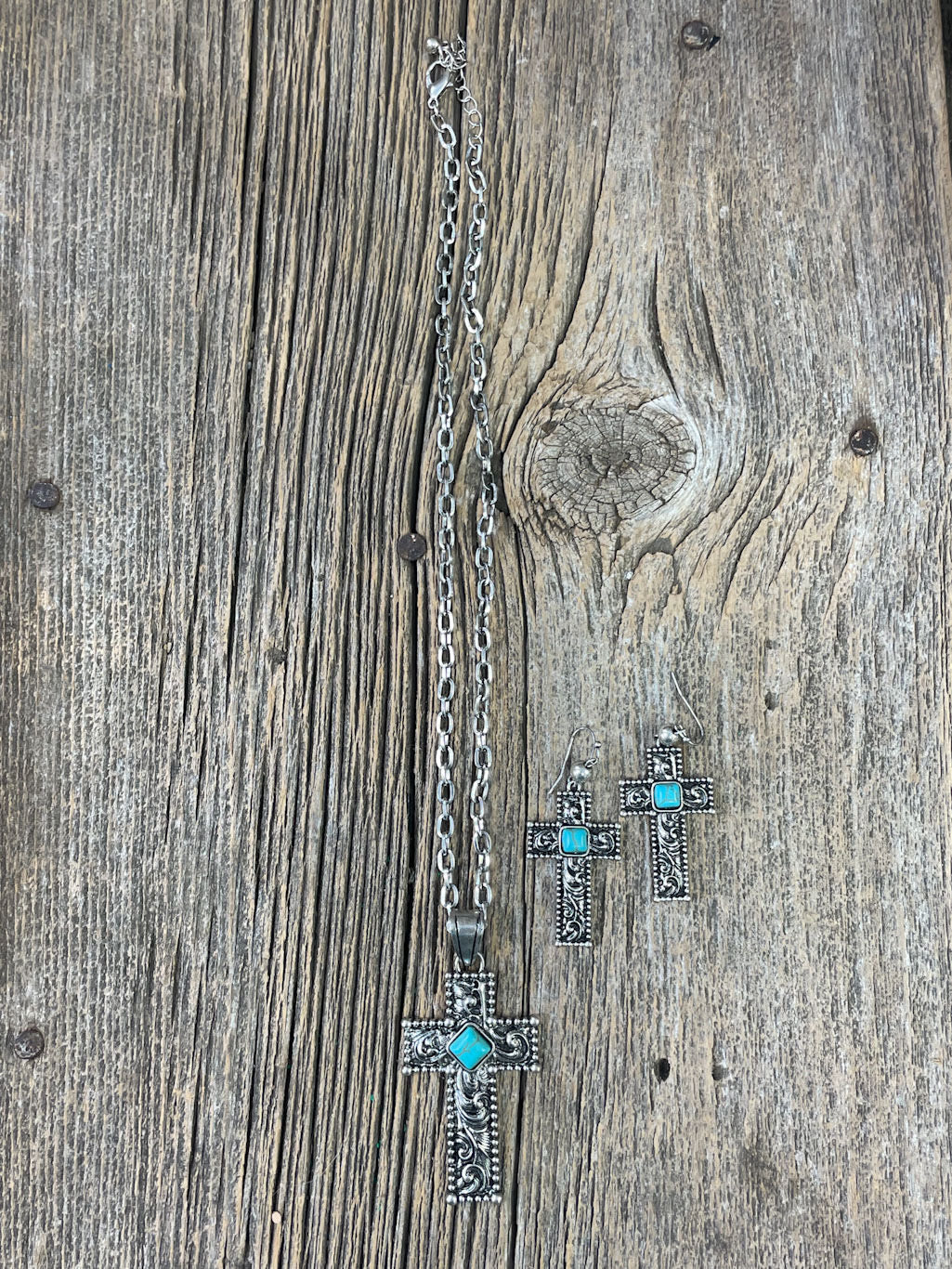 Silver Scroll Turquoise Cross Necklace Set