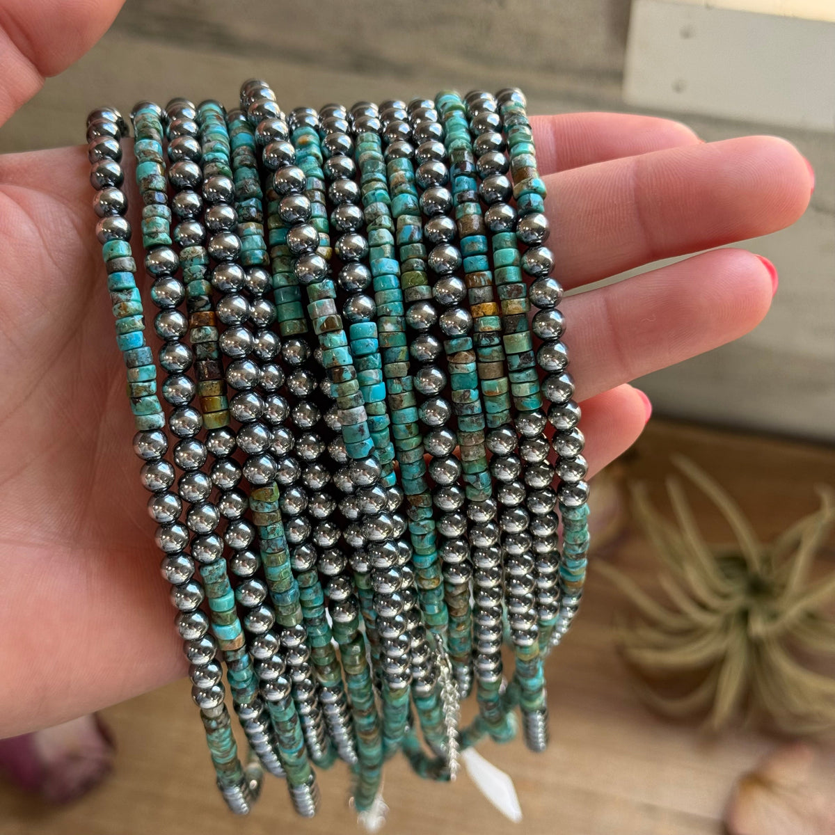 15” Heishi Turquoise Necklace – 4mm Turquoise &amp; 5mm Sterling Silver Pearls