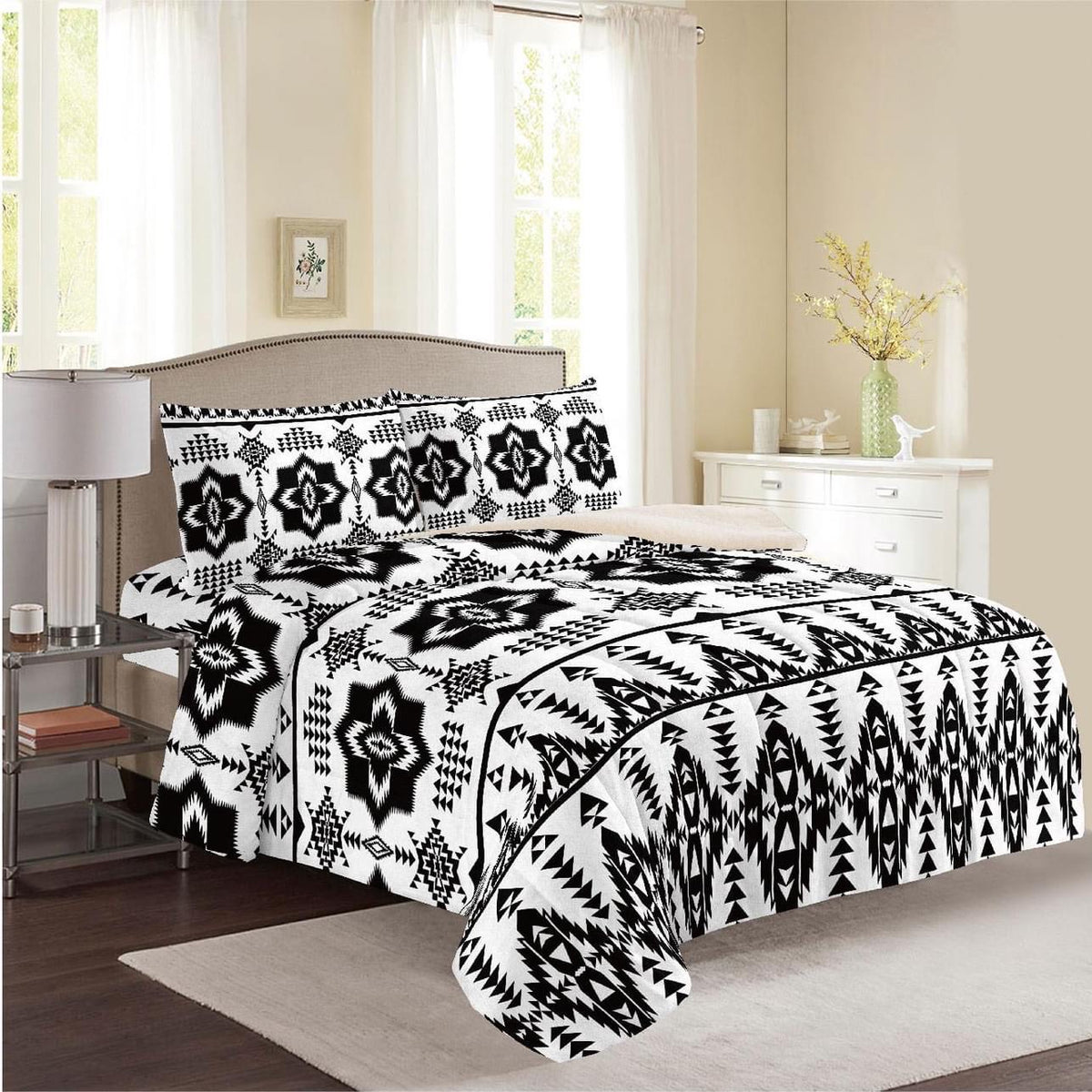 Black &amp; White Aztec Sherpa Comforter Set