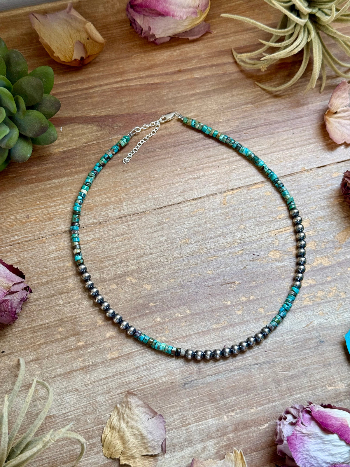 15” Heishi Turquoise Necklace – 4mm Turquoise &amp; 5mm Sterling Silver Pearls