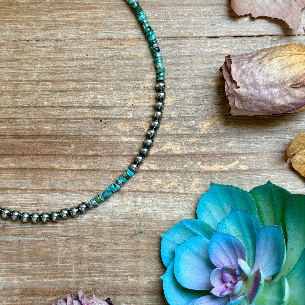 15” Heishi Turquoise Necklace – 4mm Turquoise &amp; 5mm Sterling Silver Pearls