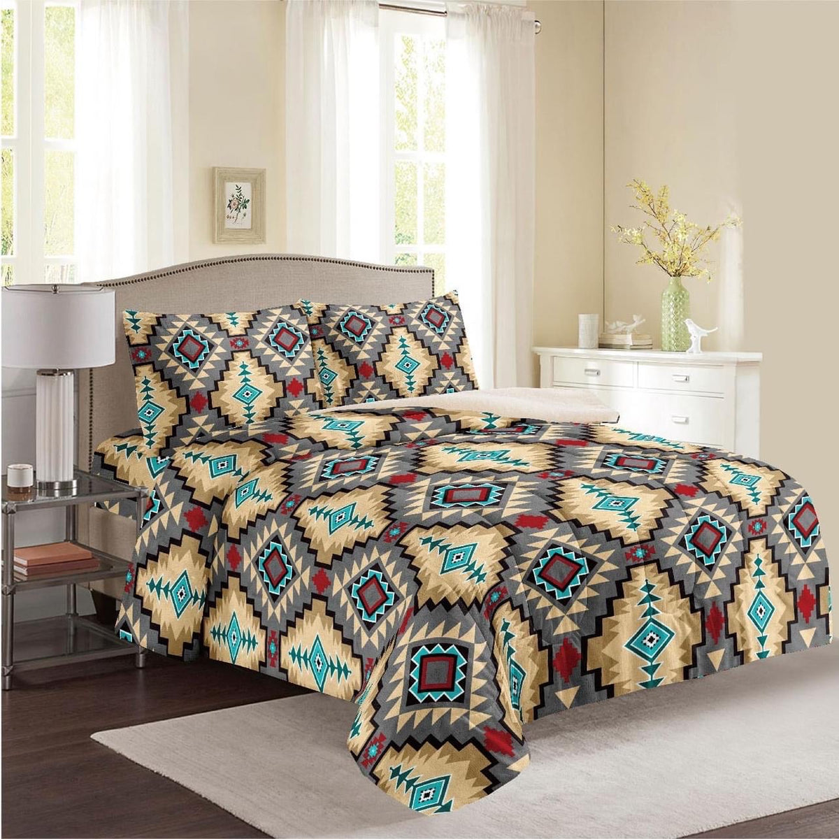 Tan, Red &amp; Turquoise Aztec Sherpa Comforter Set