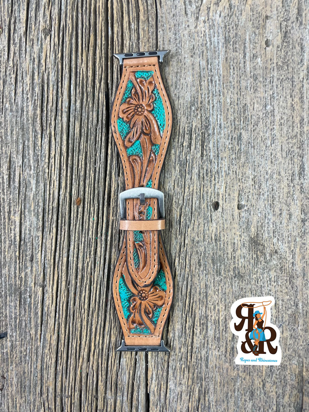 Tooled Leather Flower Apple Watch Band Turquoise