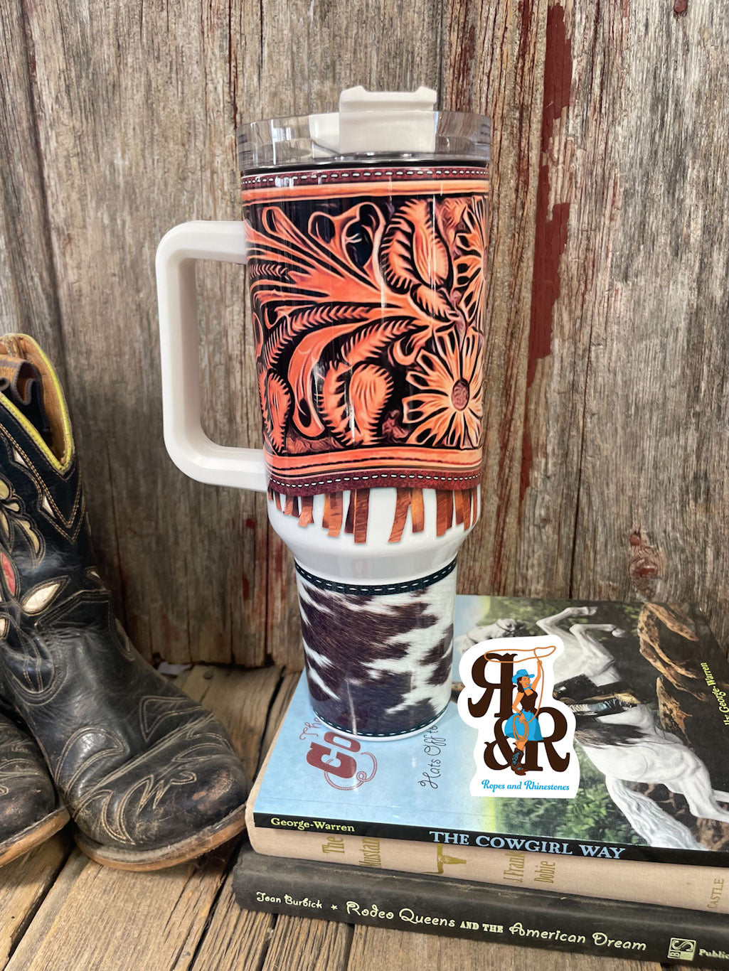 Tooled Leather Fringe Cowhide Print 40 oz cup