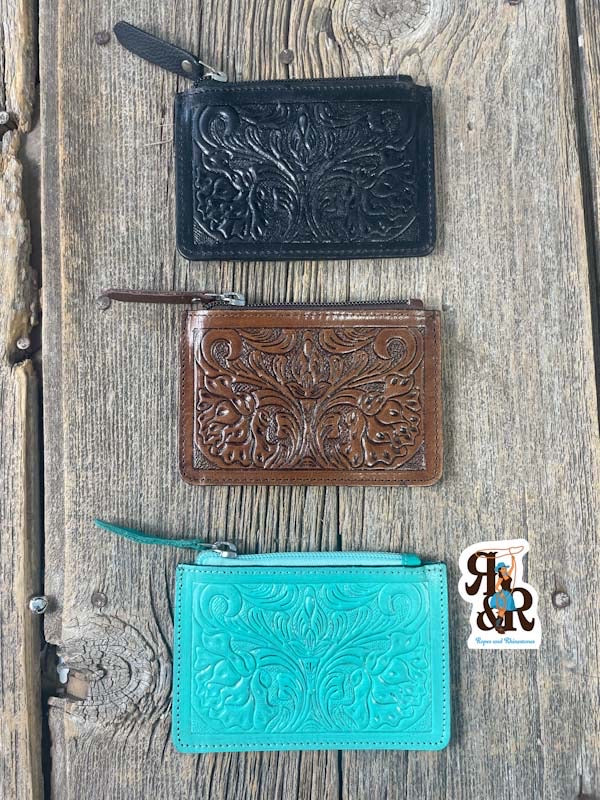 Tooled Leather Card Wallet & Zipper Pouch