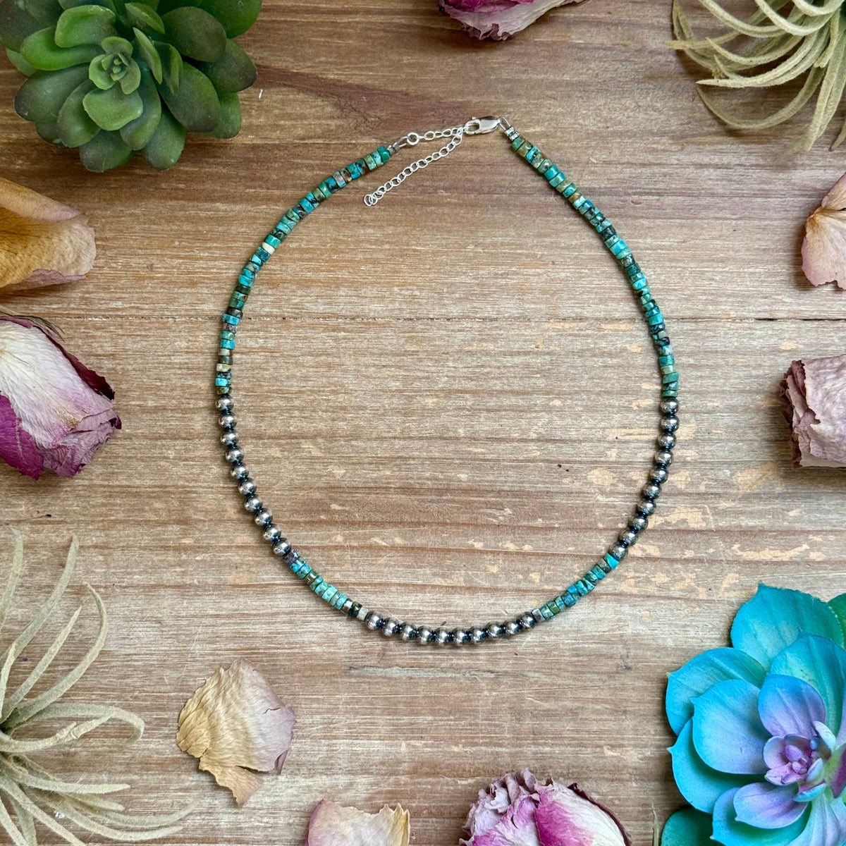 15” Heishi Turquoise Necklace – 4mm Turquoise &amp; 5mm Sterling Silver Pearls