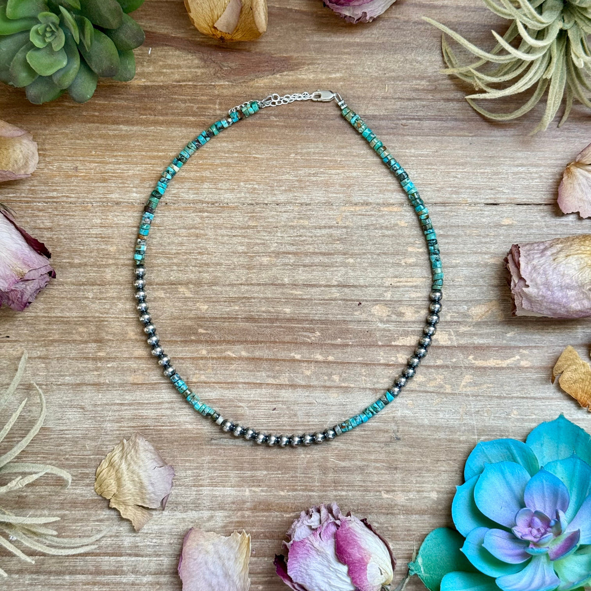 15” Heishi Turquoise Necklace – 4mm Turquoise &amp; 5mm Sterling Silver Pearls