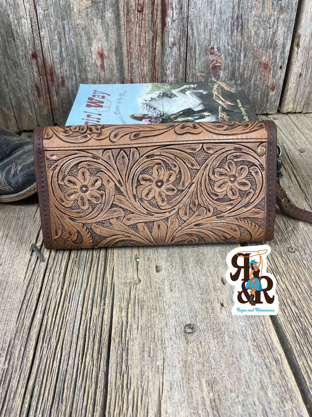 Tooled Leather Brown on Brown Tri Fold Wallet