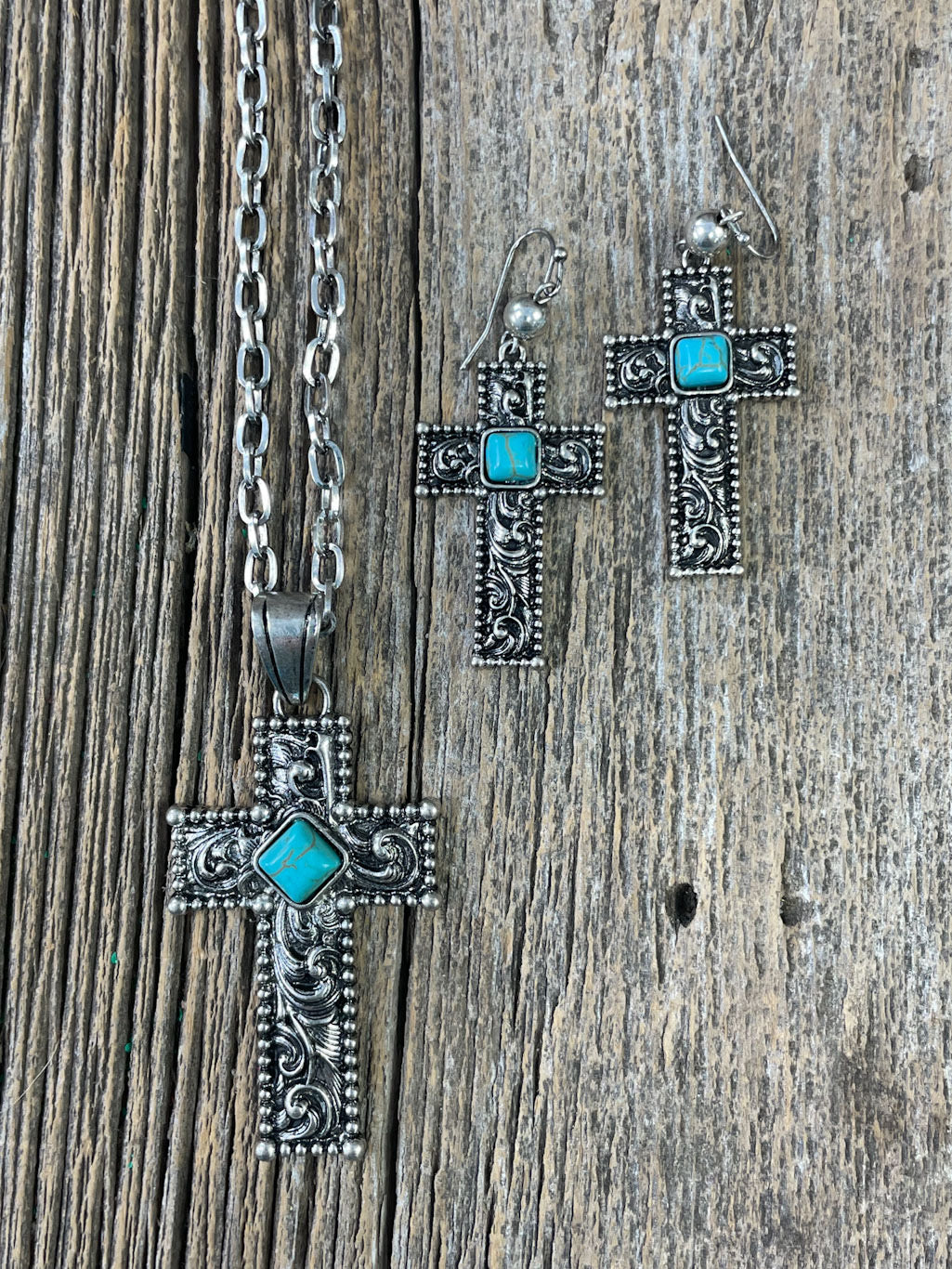 Silver Scroll Turquoise Cross Necklace Set