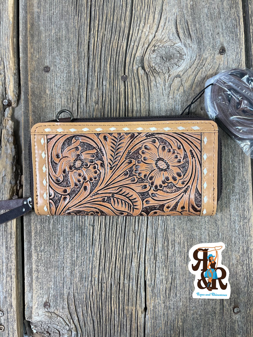 Tooled Leather Double Zip Wallet