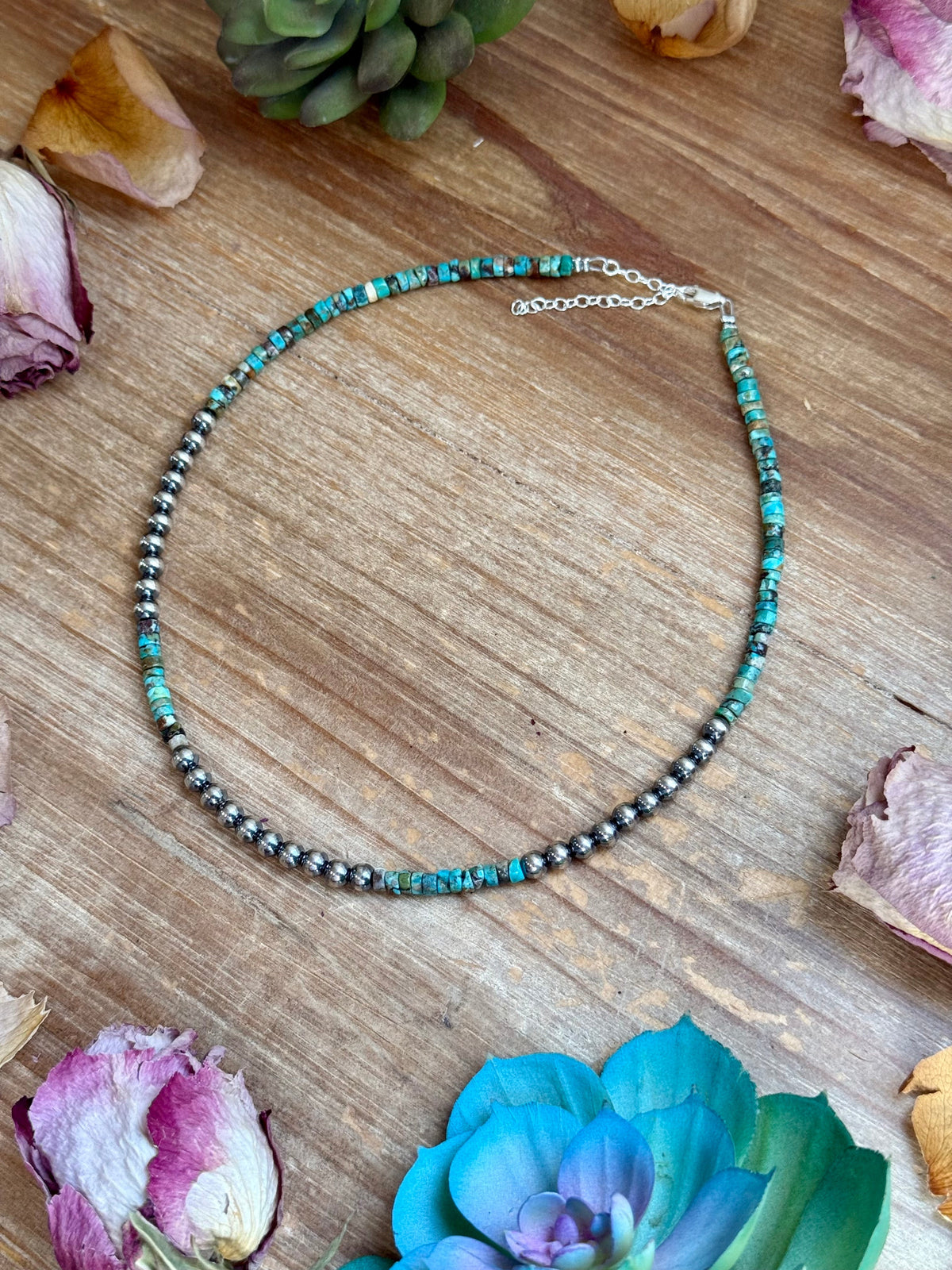 15” Heishi Turquoise Necklace – 4mm Turquoise &amp; 5mm Sterling Silver Pearls