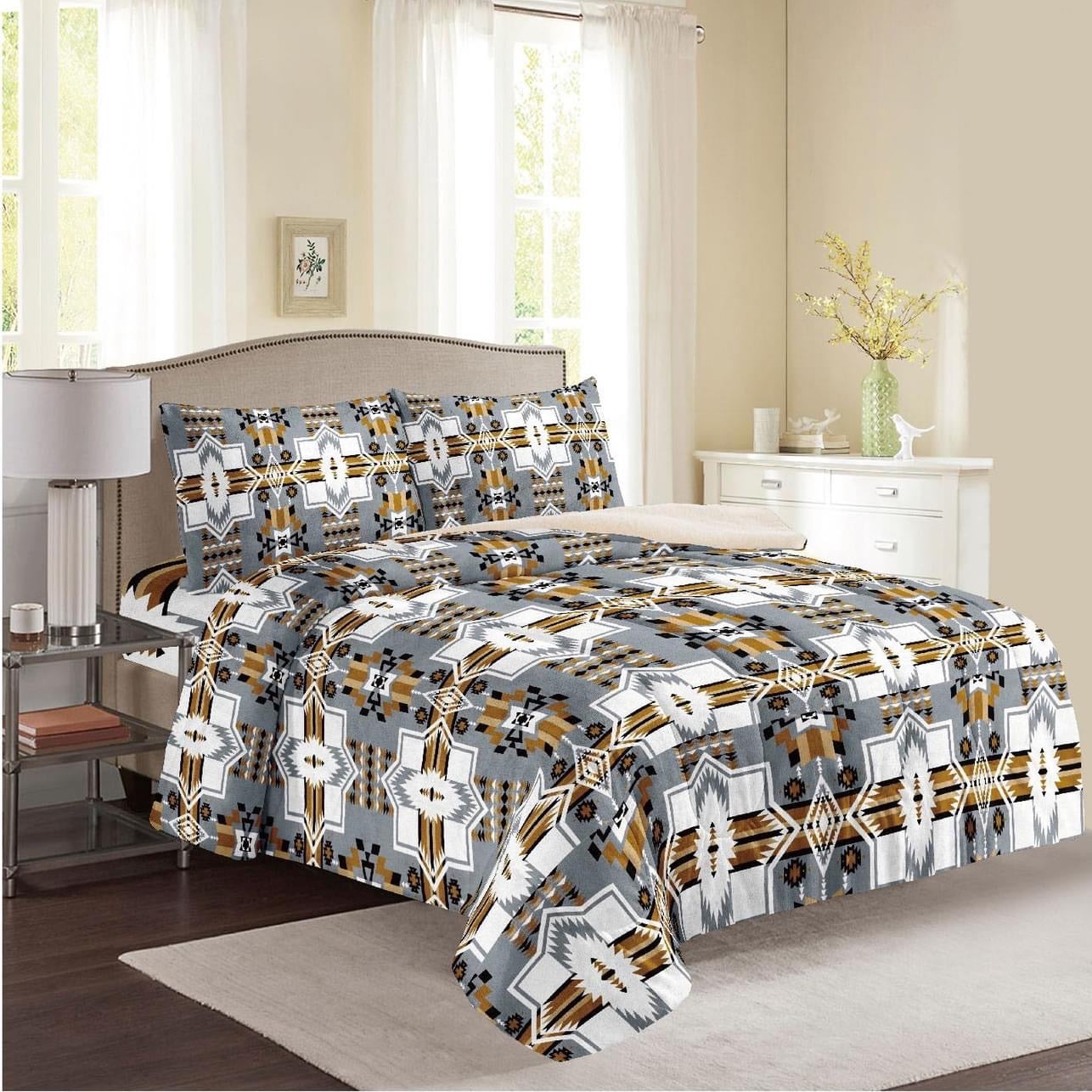 Grey & Tan Aztec Sherpa Comforter Set