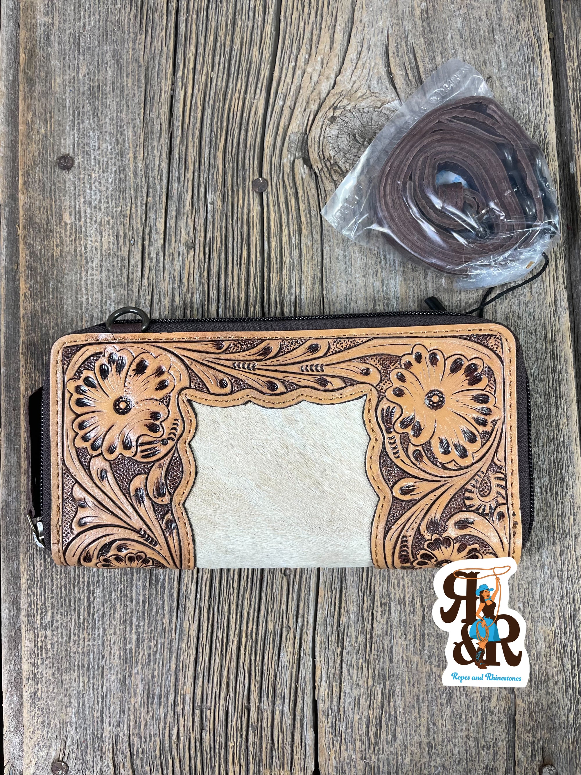 Tooled Leather & Cowhide Double Zip Wallet