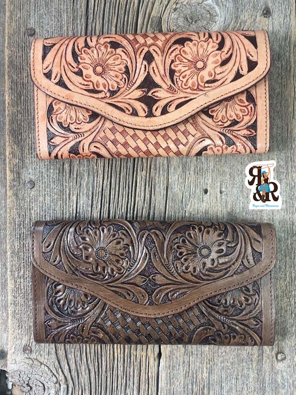 Tooled Leather Tri Fold Wallet