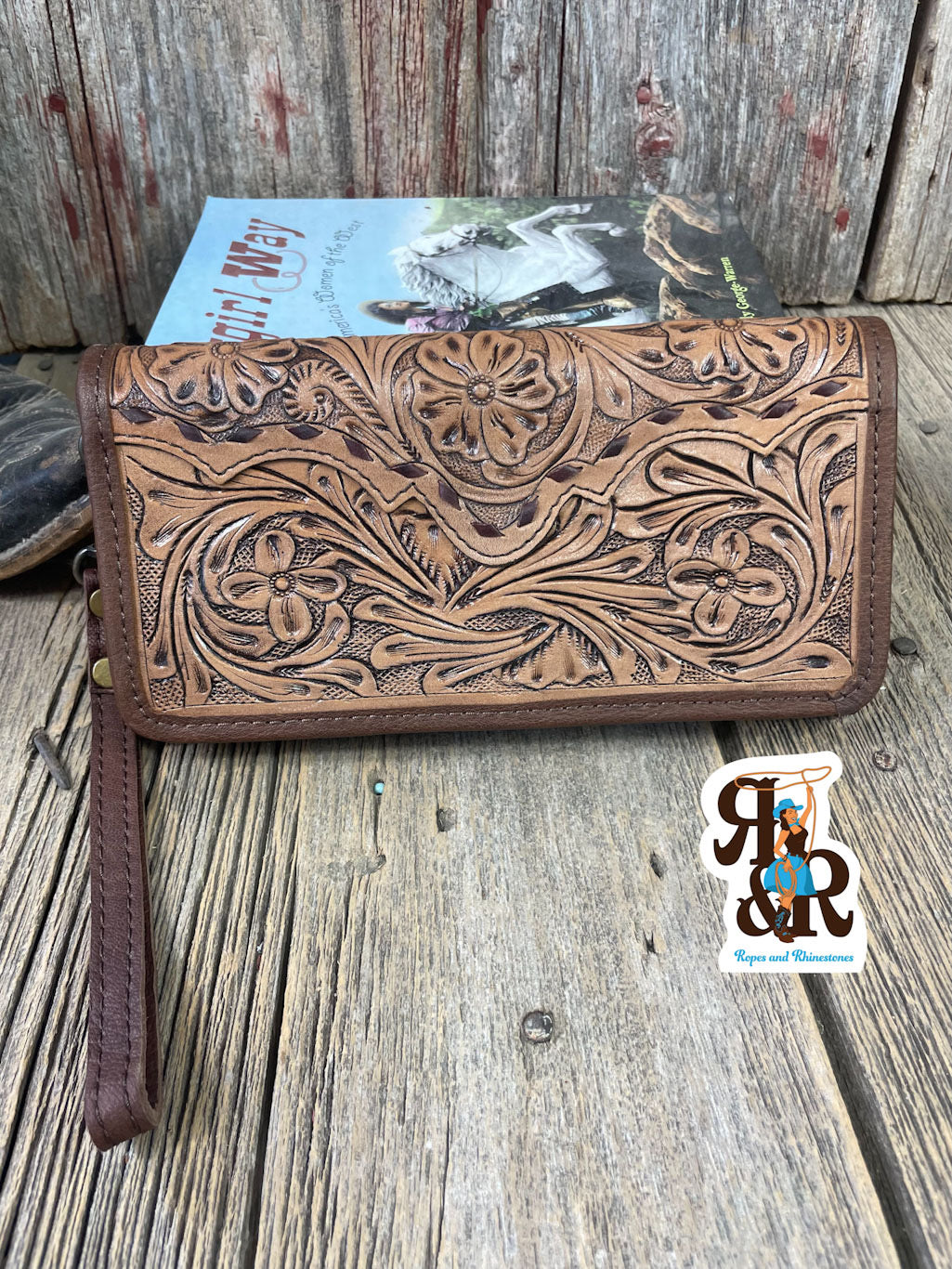 Tooled Leather Brown on Brown Tri Fold Wallet