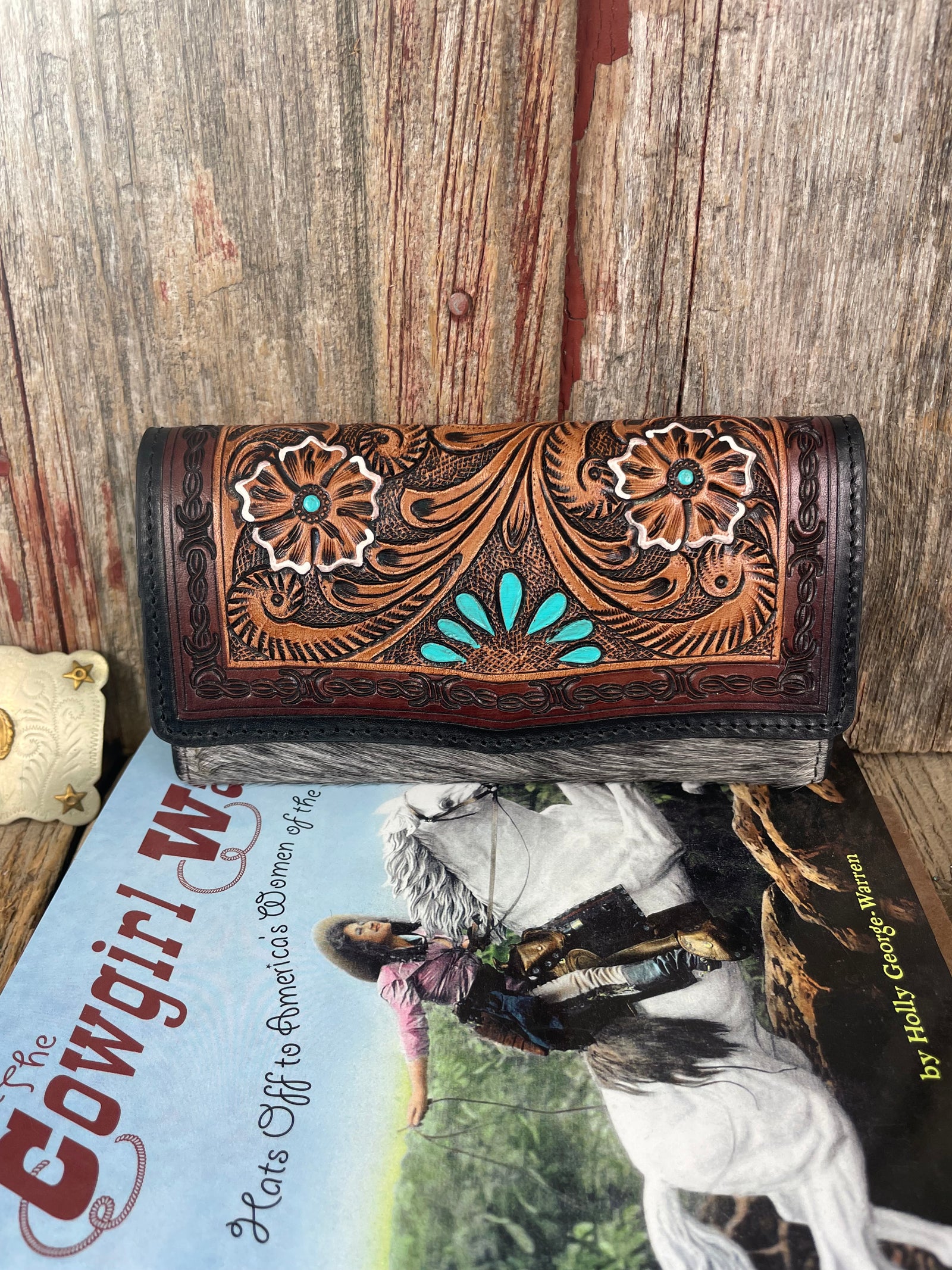 Tooled Leather Turquoise Stones & Cowhide Wallet
