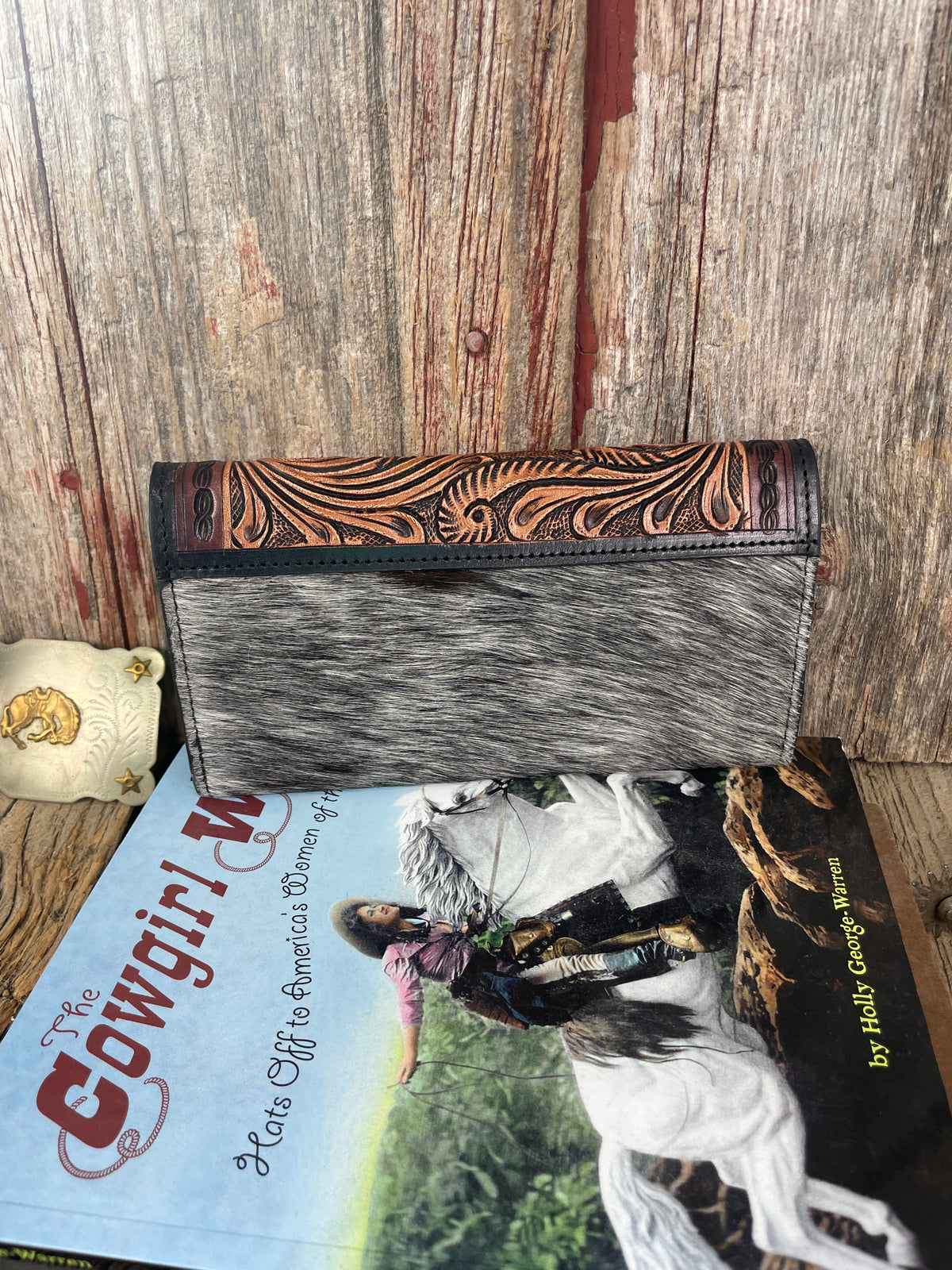 Tooled Leather Turquoise Stones &amp; Cowhide Wallet