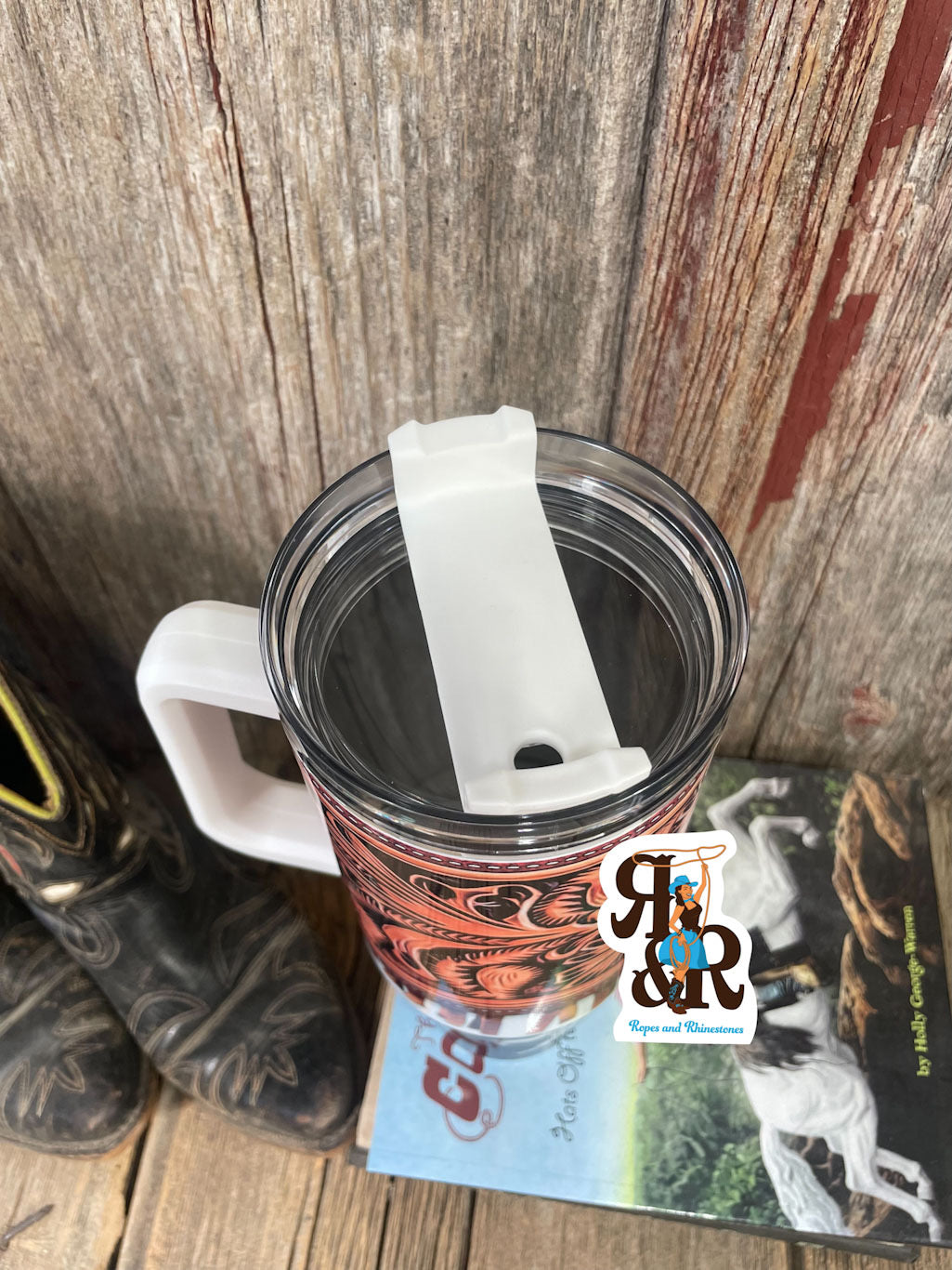 Tooled Leather Fringe Cowhide Print 40 oz cup