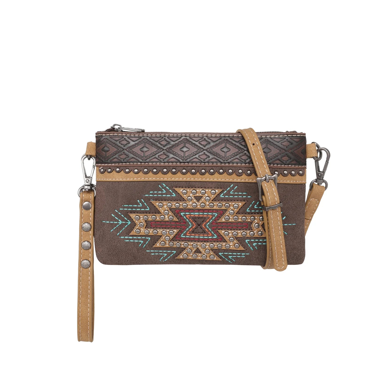 Aztec Studded Crossbody Wristlet Purse