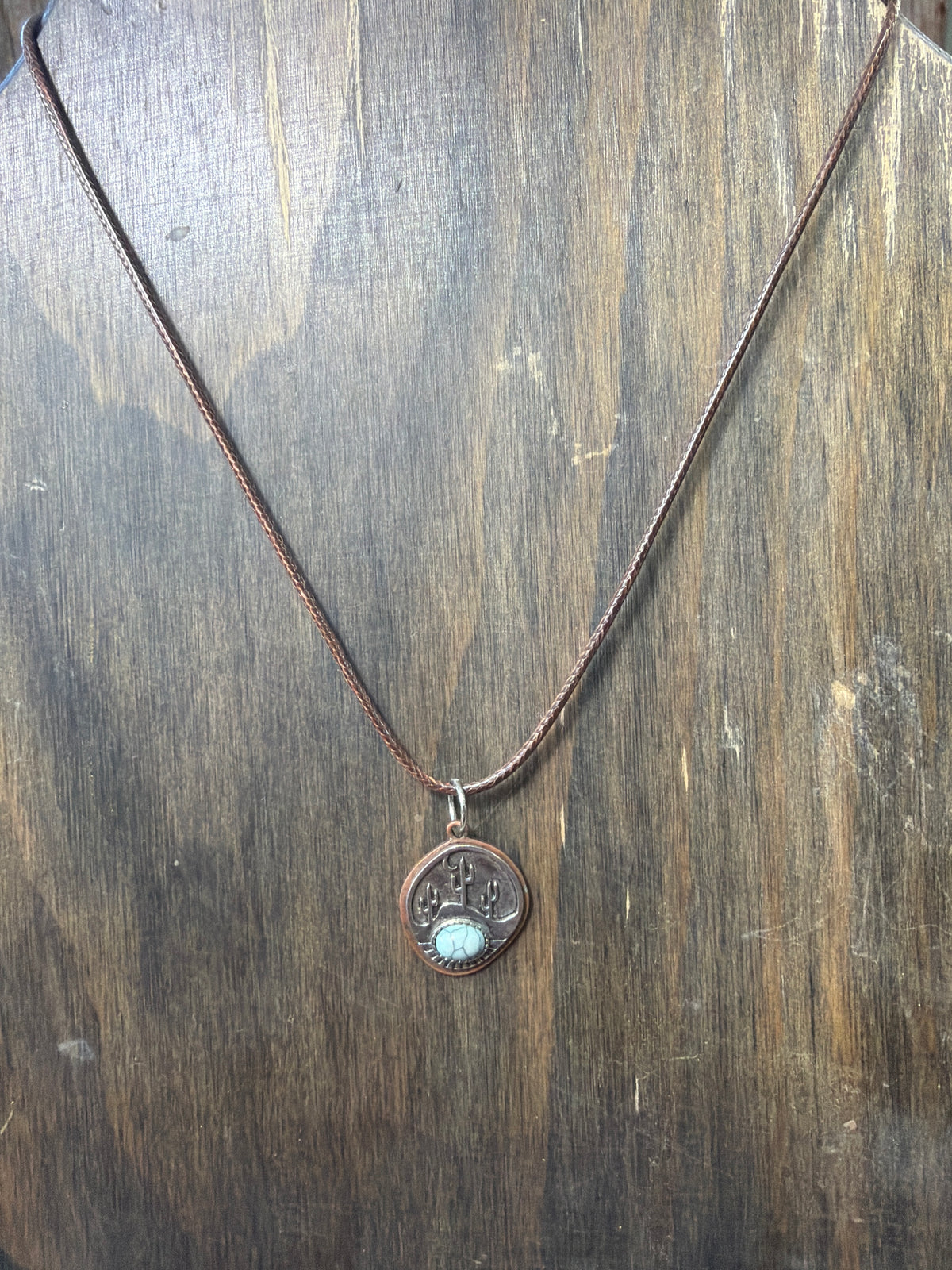 Handmade silver cactus with turquoise pendant ￼