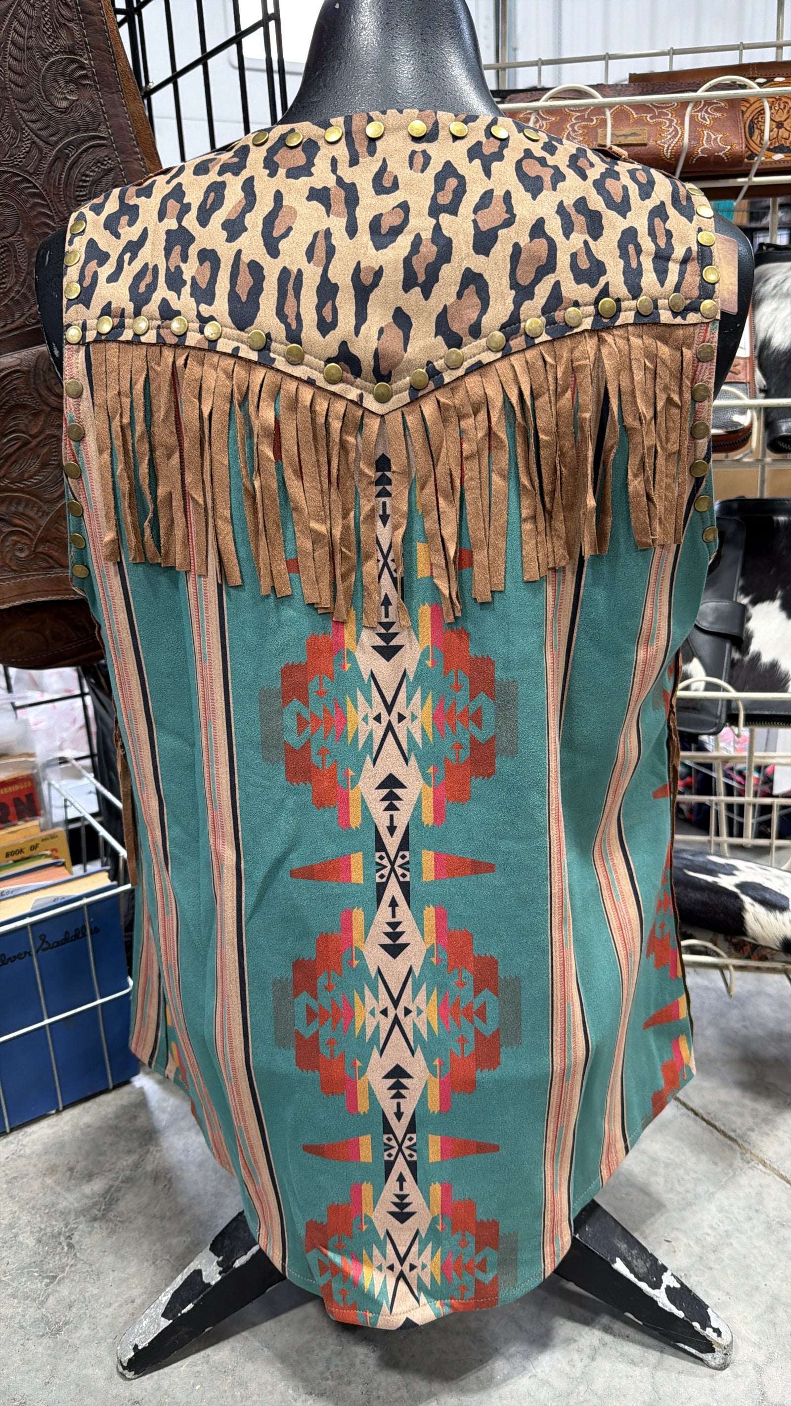 Aztec Leopard Fringe Vest