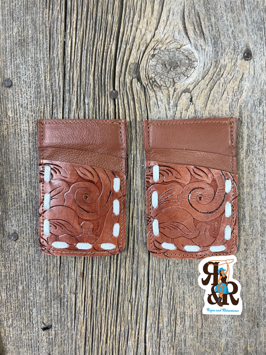 Tooled Leather Card Wallet Cowhide &amp; White Stitch