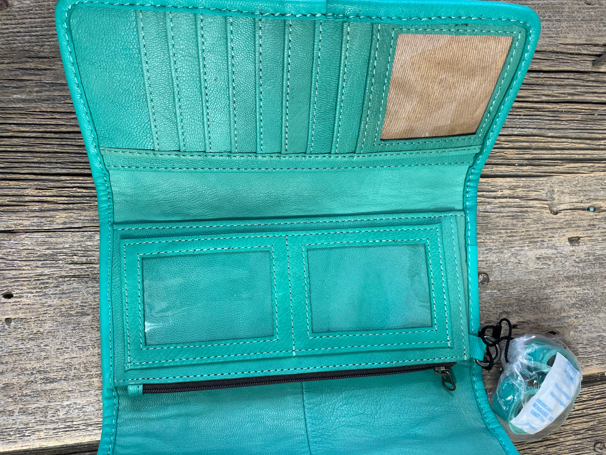 Tooled Leather Turquoise Tri Fold Wallet