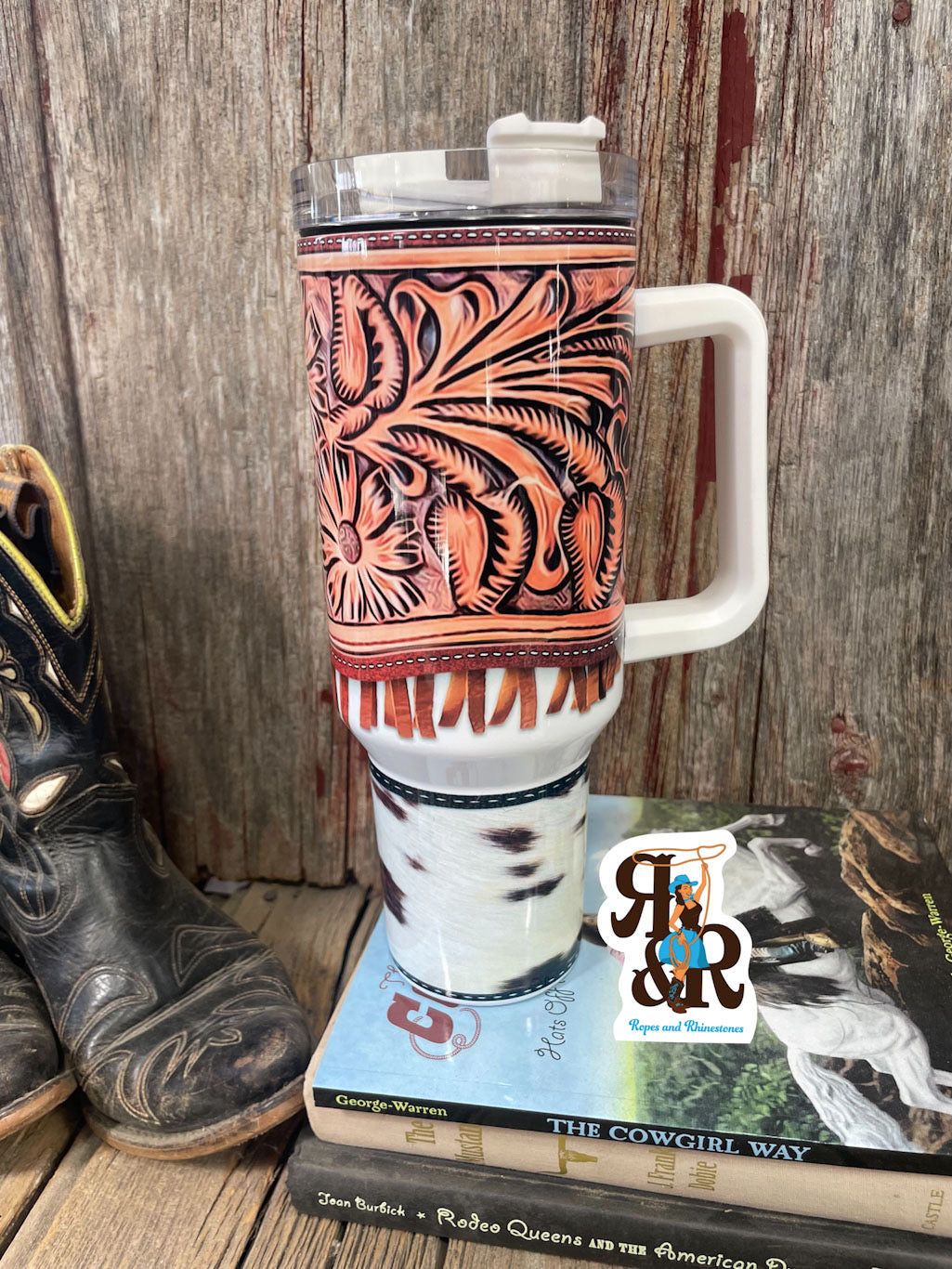 Tooled Leather Fringe Cowhide Print 40 oz cup