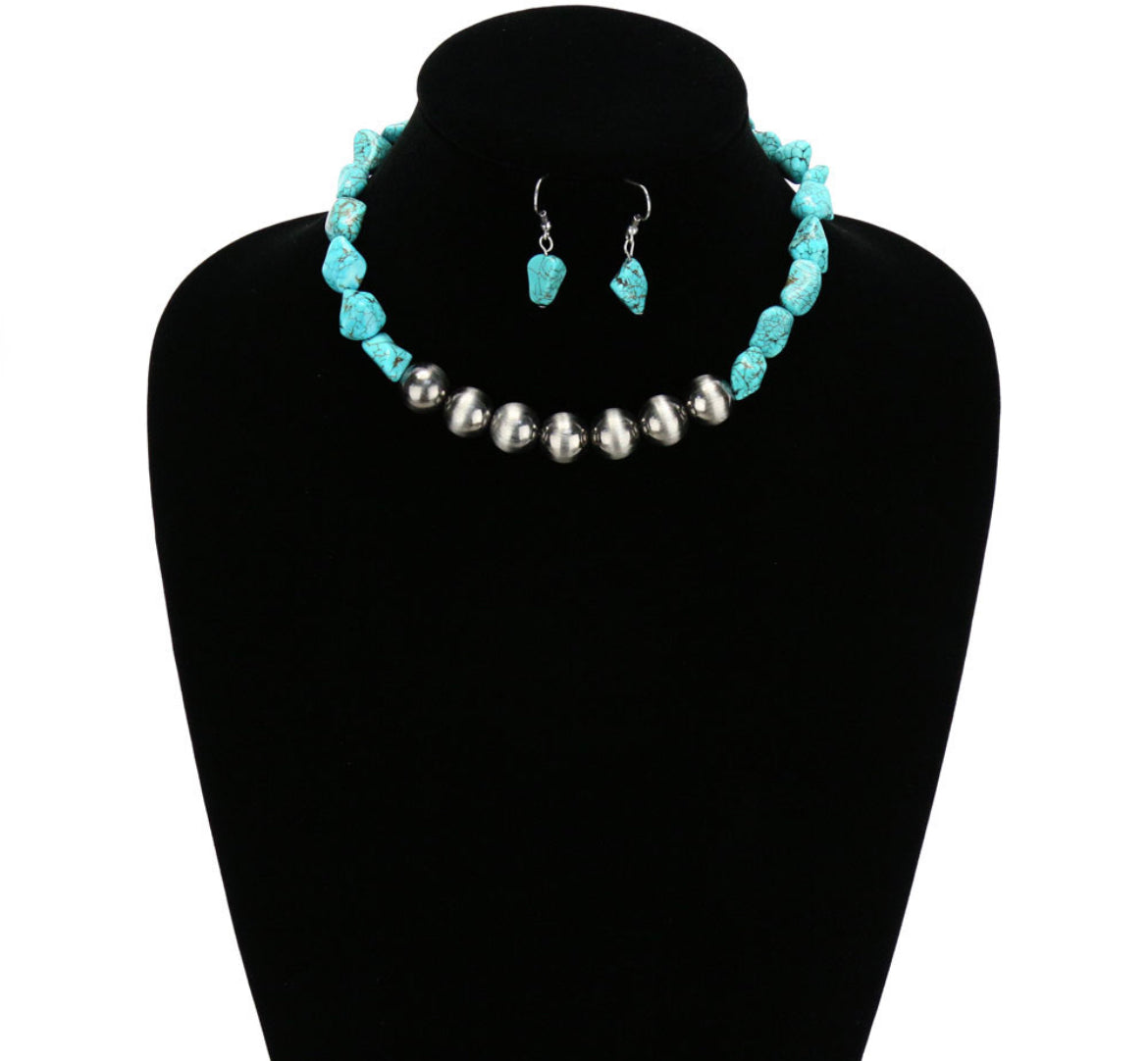 Turquoise Nugget &amp; Western Pearl Necklace Set