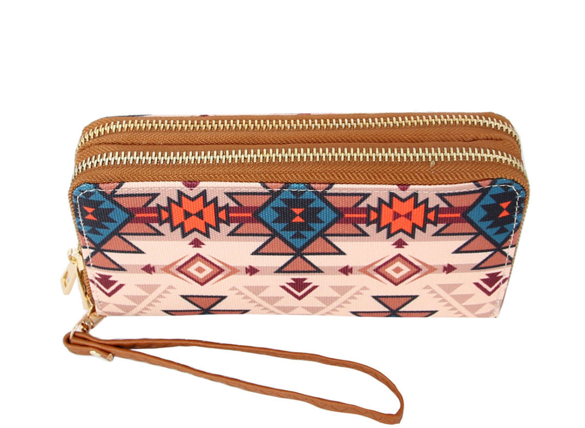 Tan Aztec Double Zip Wallet