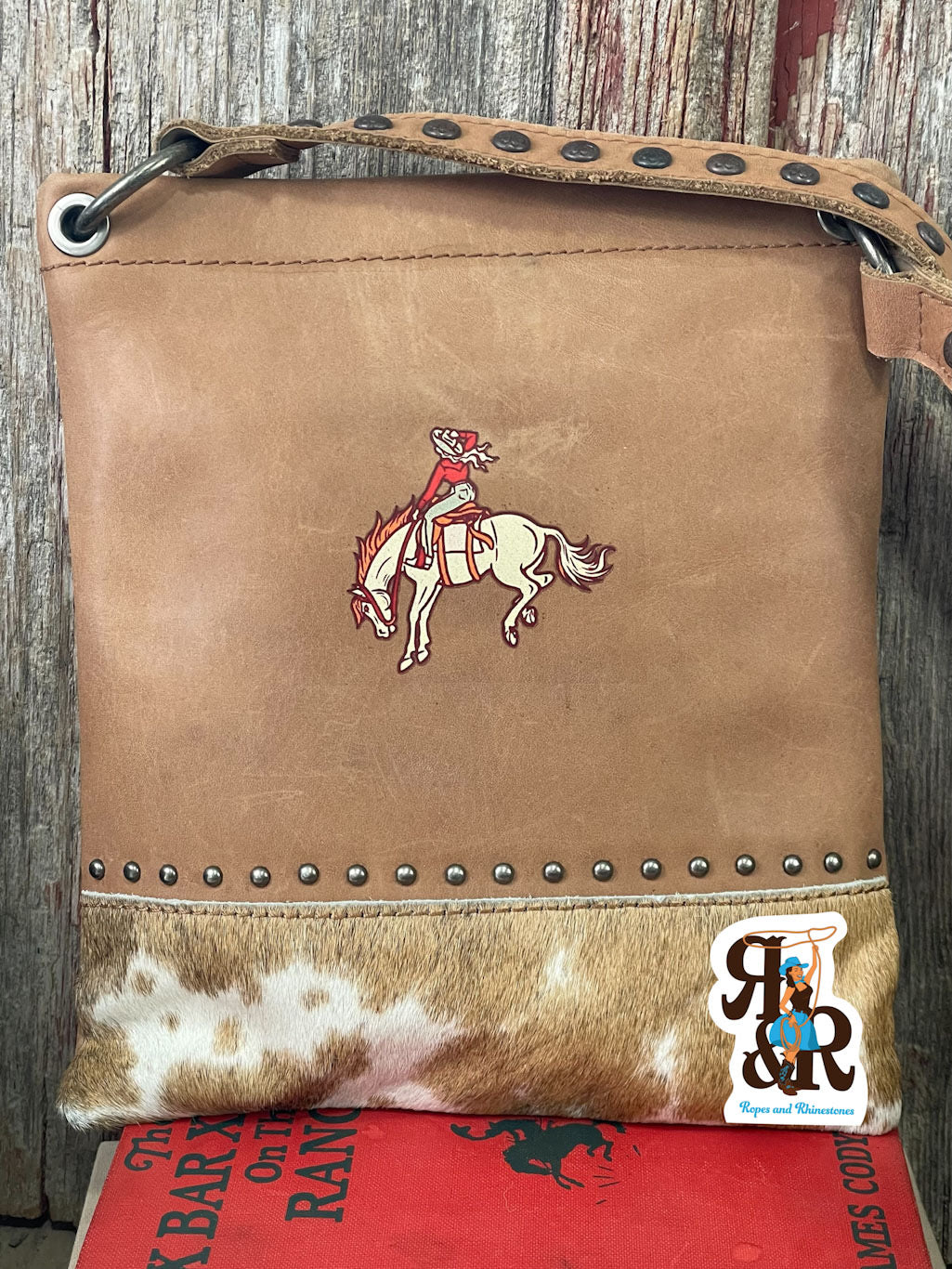 Cowgirl Bucking Bronc Cowhide Studded Crossbody Purse