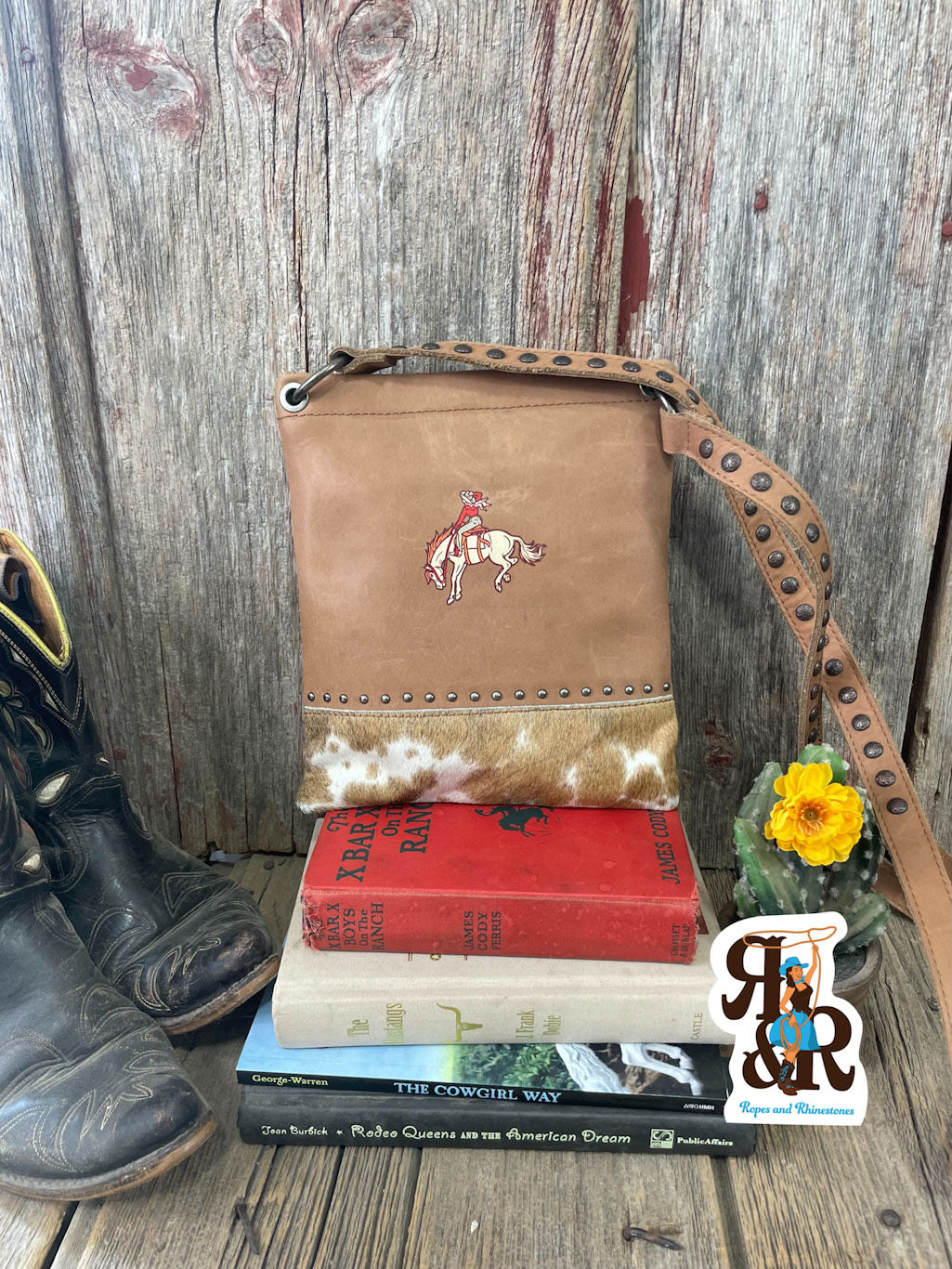 Cowgirl Bucking Bronc Cowhide Studded Crossbody Purse