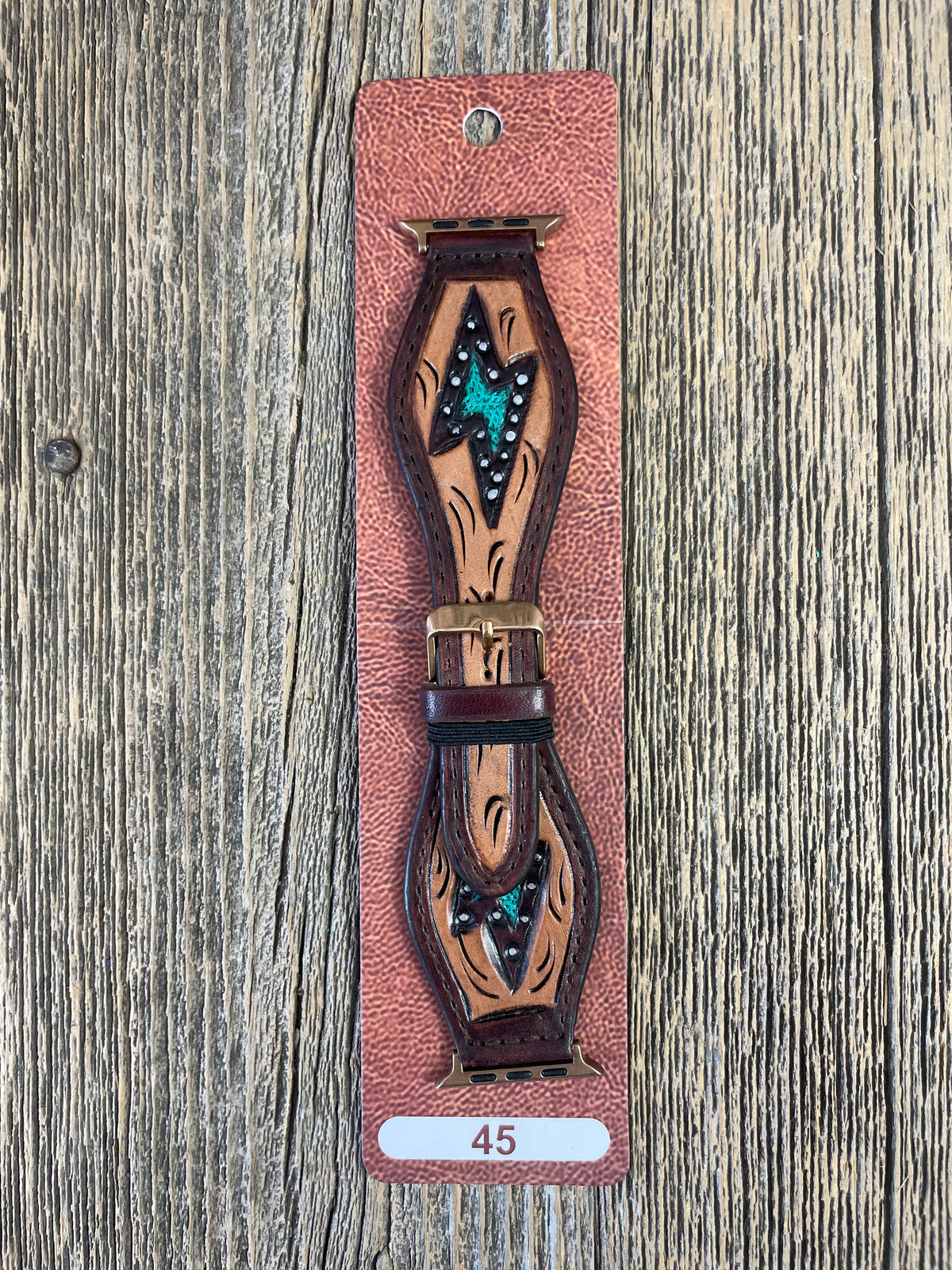 Tooled Leather Lightening Bolt Apple Watch Band Turquoise