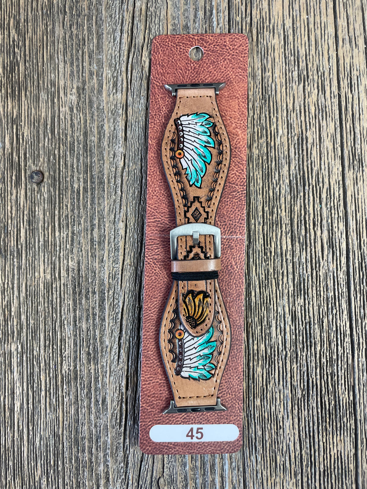 Tooled Leather Indian Headdress Apple Watch Band Turquoise