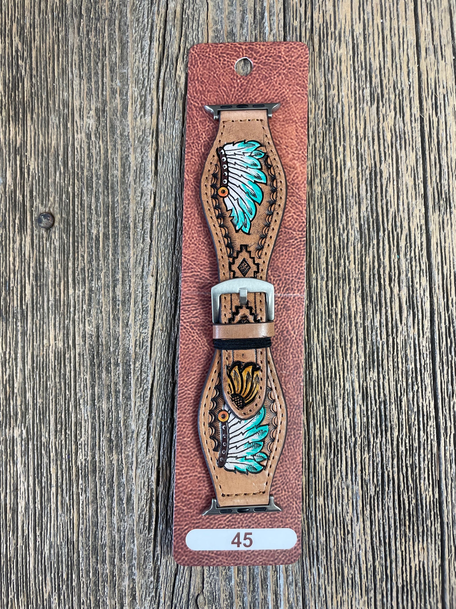 Tooled Leather Indian Headdress Apple Watch Band Turquoise