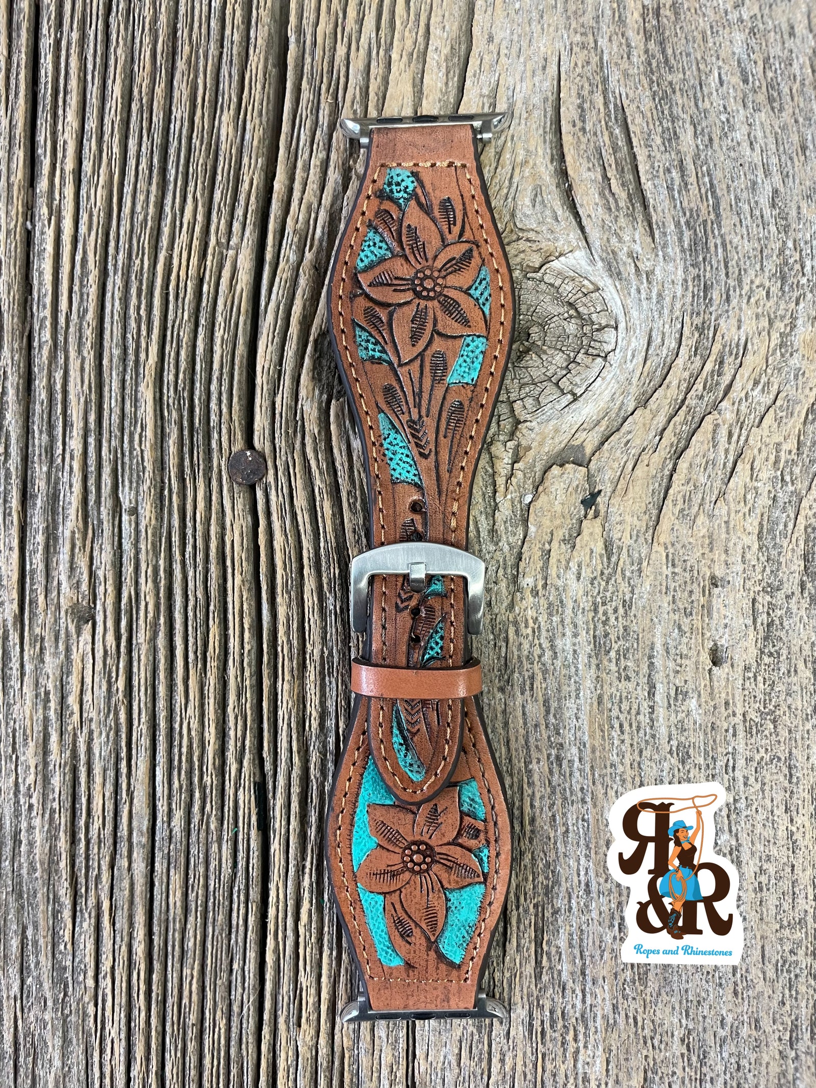 Tooled Leather Apple Watch Band Turquoise