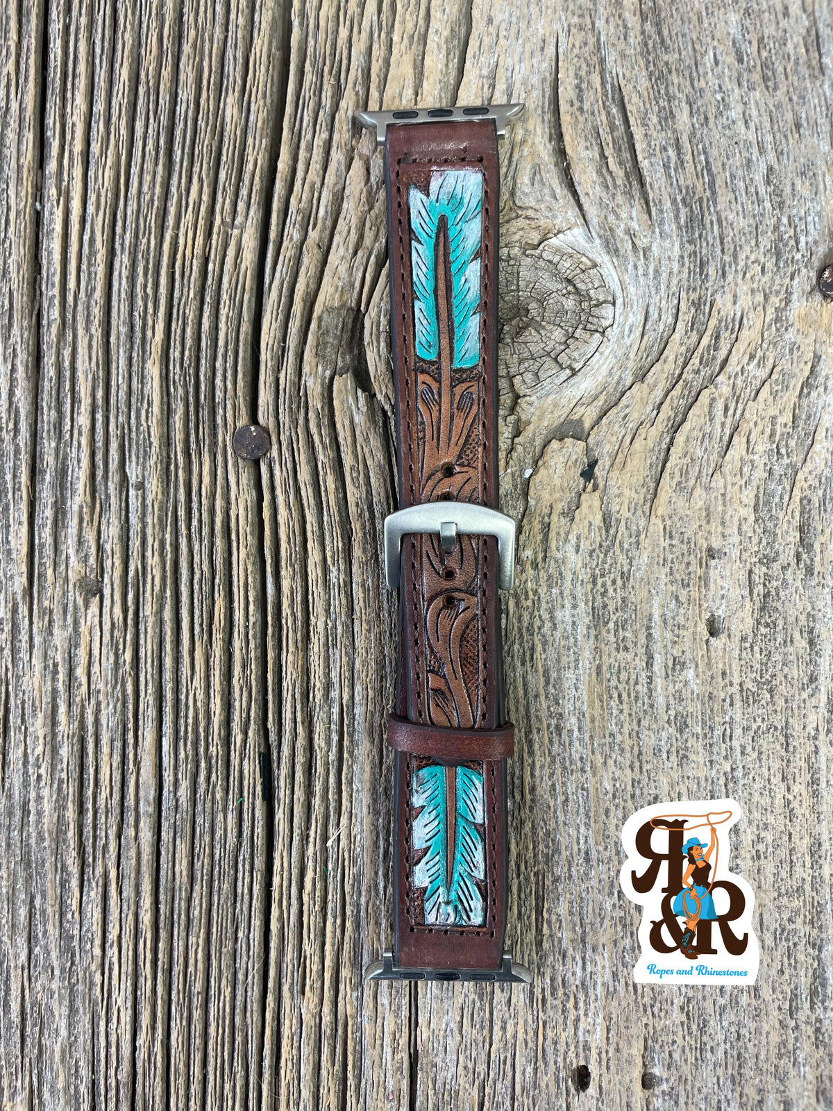Tooled Leather Apple Watch Band Feather