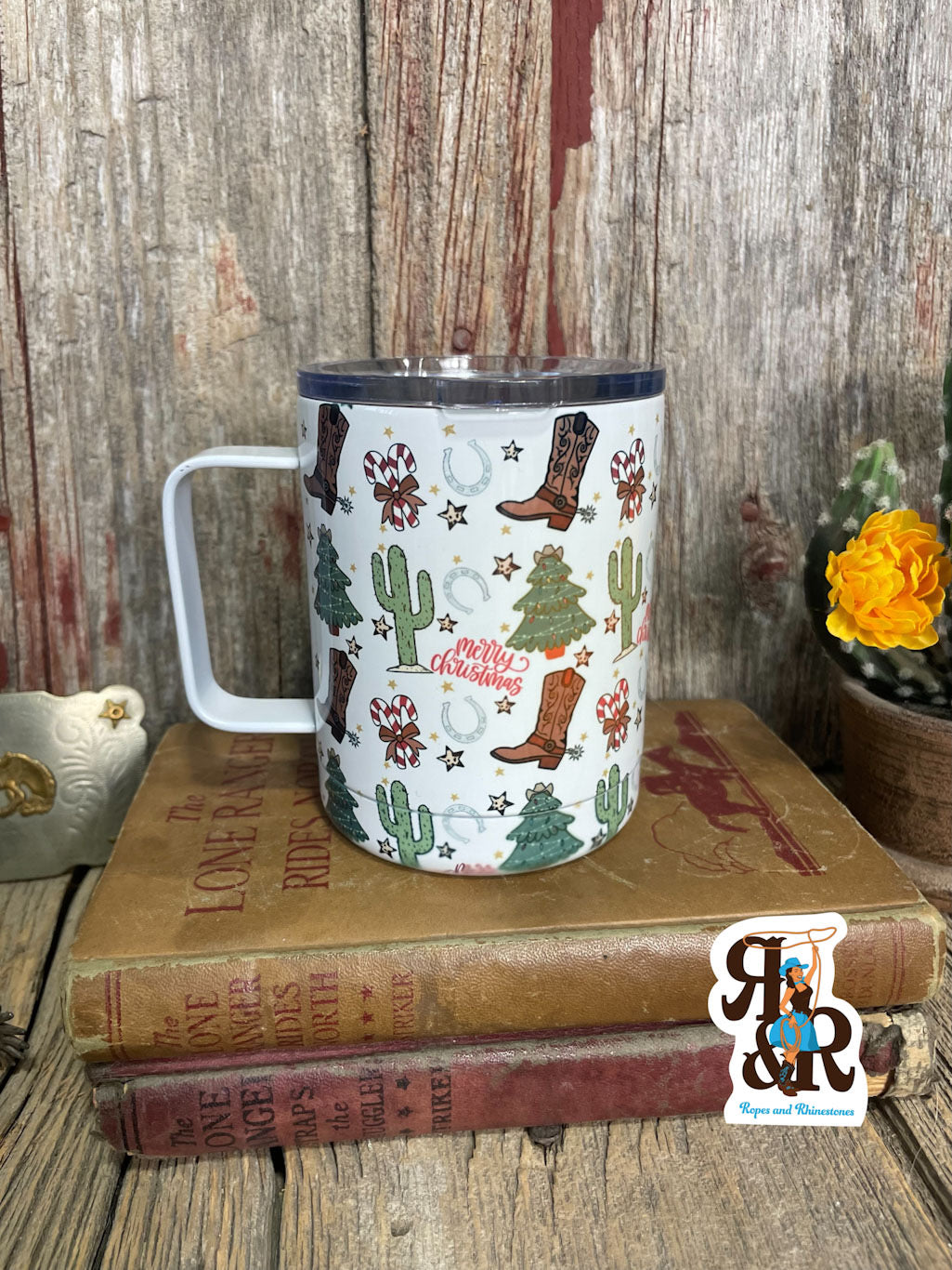 Merry Christmas Cowboy Boot &amp; Cactus Handle Cup