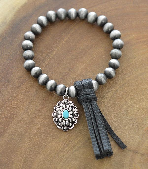 Western Pearl Concho Leather Tassel Bracelet